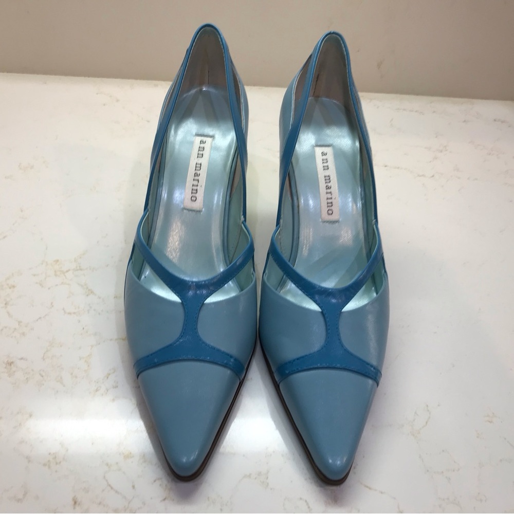 Ann Marino two-tone Aqua Blue Kidskin Stylish Pumps